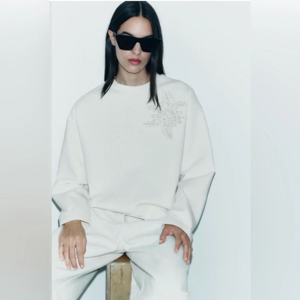 ZARA Ivory Jeweled Sweatshirt | X-Large | Long Sleeve | Sold Out - Picture 2 of 10